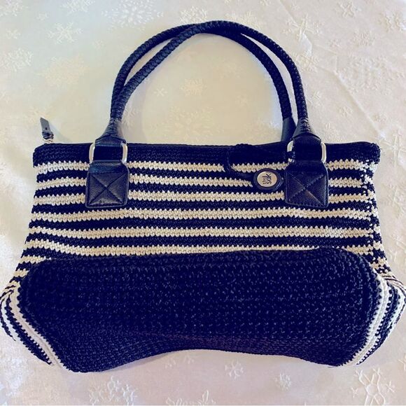 The Sak Black White Handbag Large Shoulder Bag Nautical Stripes Woven Gorgeous - Picture 2 of 5
